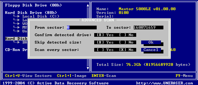 Undelete files by UNERASER for DOS. Advanced Scan